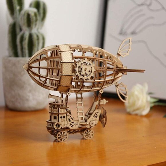 Wooden Airship Hot Air Balloon Model Bookshelf Desk Decor Steampunk Retro Steam - Picture 3 of 16